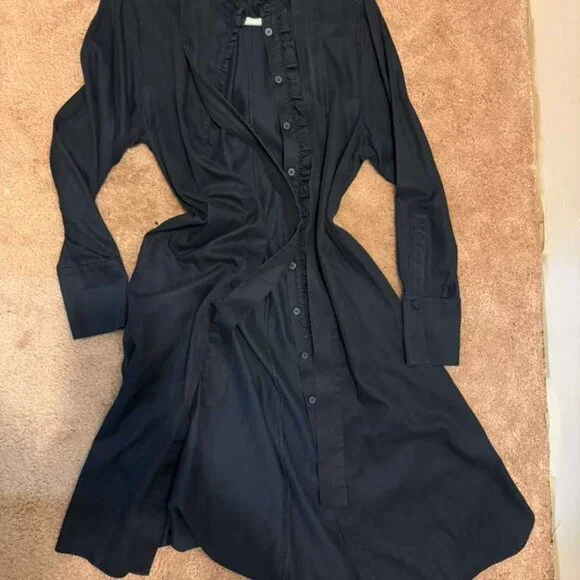 COS Dark Navy Blue Long Shirt Dress | EU34 ~ M | Ruffled Collar | Heavy Cotton - Picture 2 of 7
